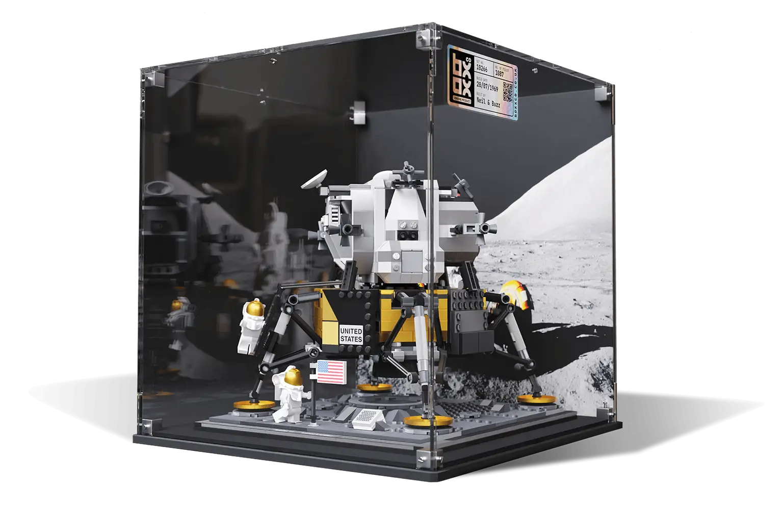 Display case containing NASA lunar landing lego set
