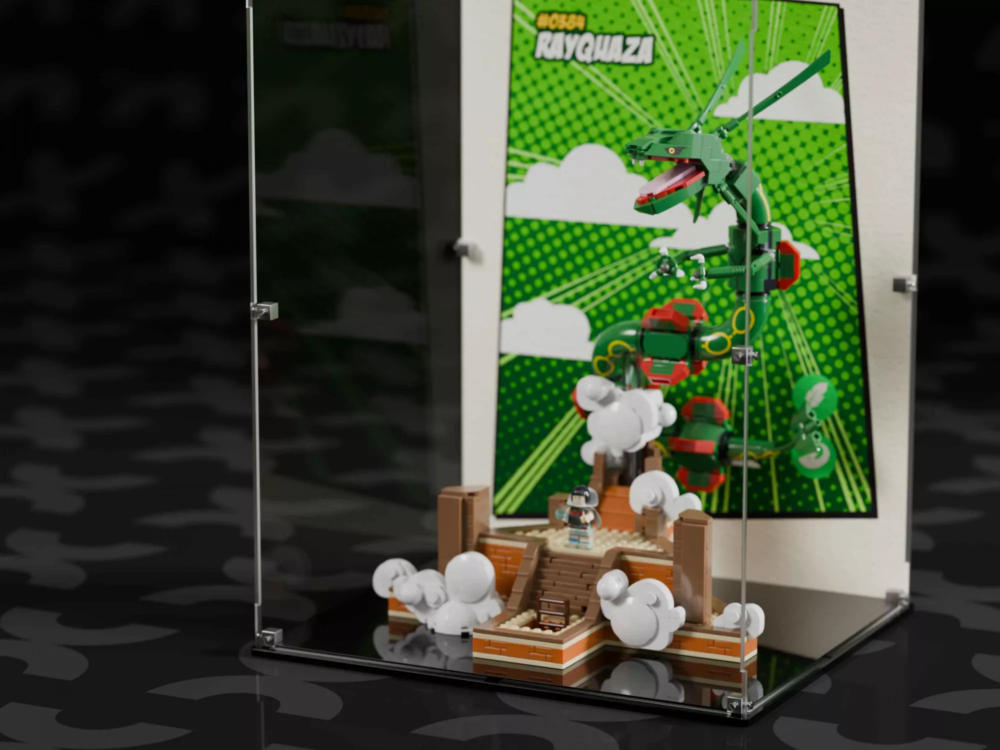 LEGO Rayquaza 72168 in a BOXXCO crystal-clear acrylic display case on a black base