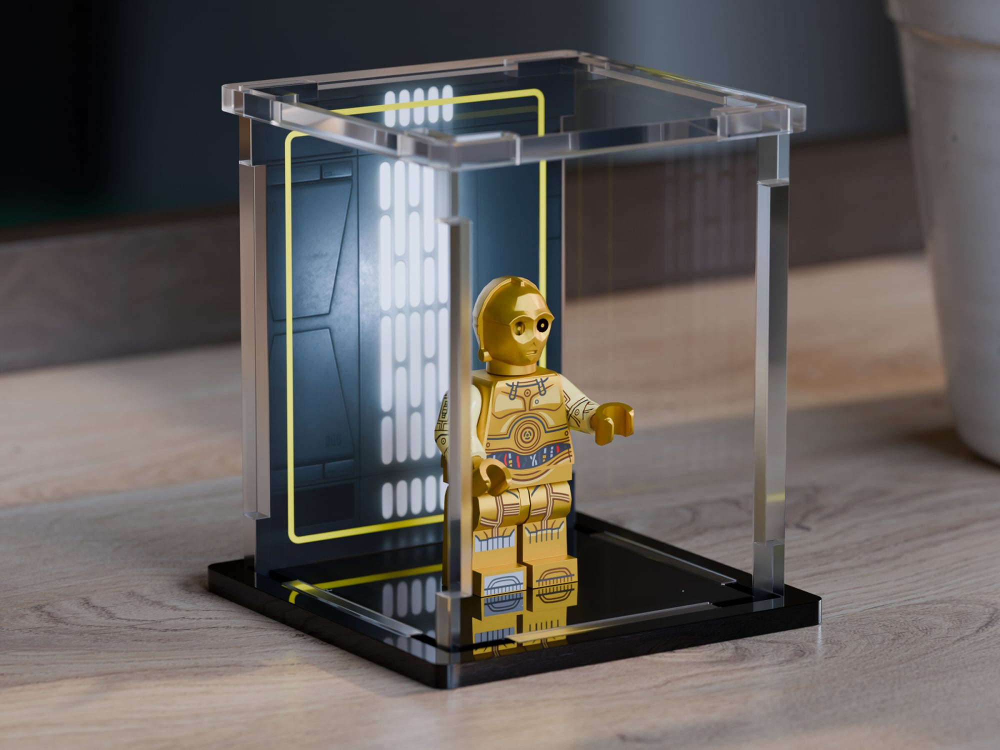 Single LEGO minifigure display case with a gold minifigure on a black base