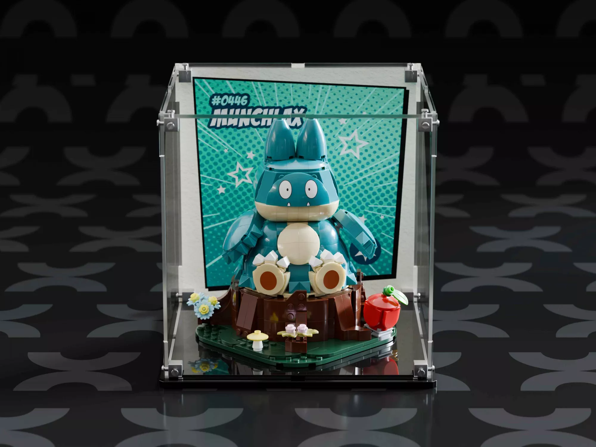 LEGO Munchlax 72150 in a BOXXCO crystal-clear acrylic display case on a black base