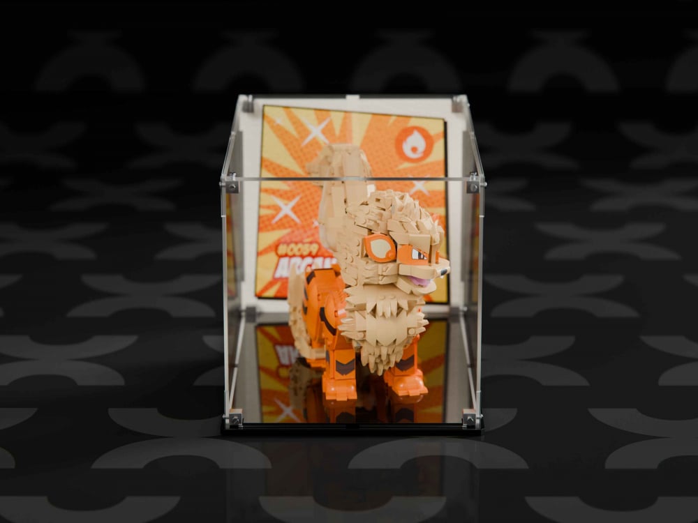 LEGO Arcanine 72160 in a BOXXCO crystal-clear acrylic display case on a black base